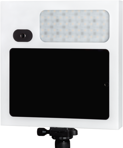 Fotobox in der Farbe weiß matt. Ausgestattet mit 12MP Kamera, Studiolicht und Touchscreen
